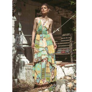 Illa Illa Green & Mocha Bohemian Tiered Halter Maxi Dress D3198